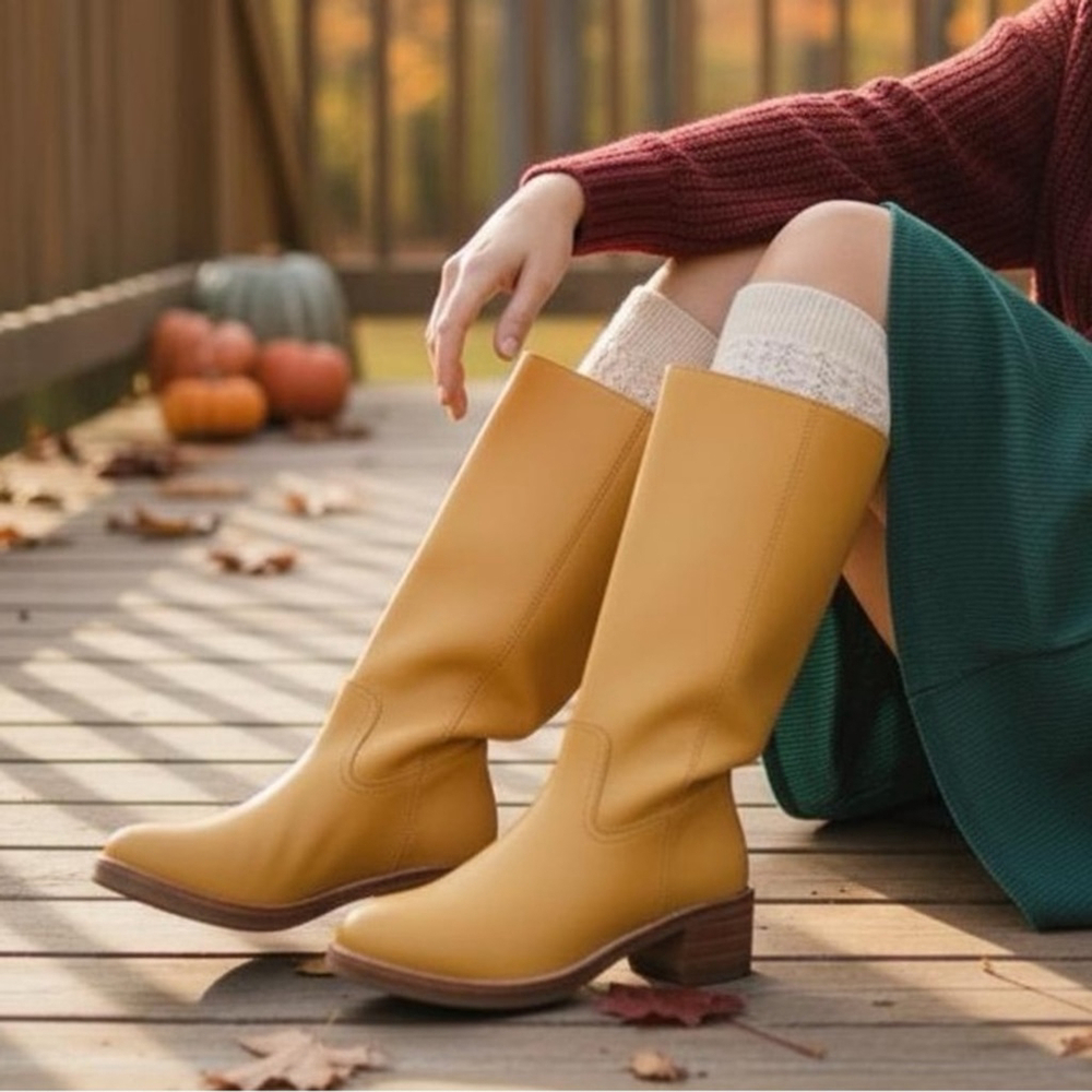 FRYE Banana boots Camryn Tall Pull on Leather Yellow Western Dark Academia Sz 9 - Picture 2 of 16